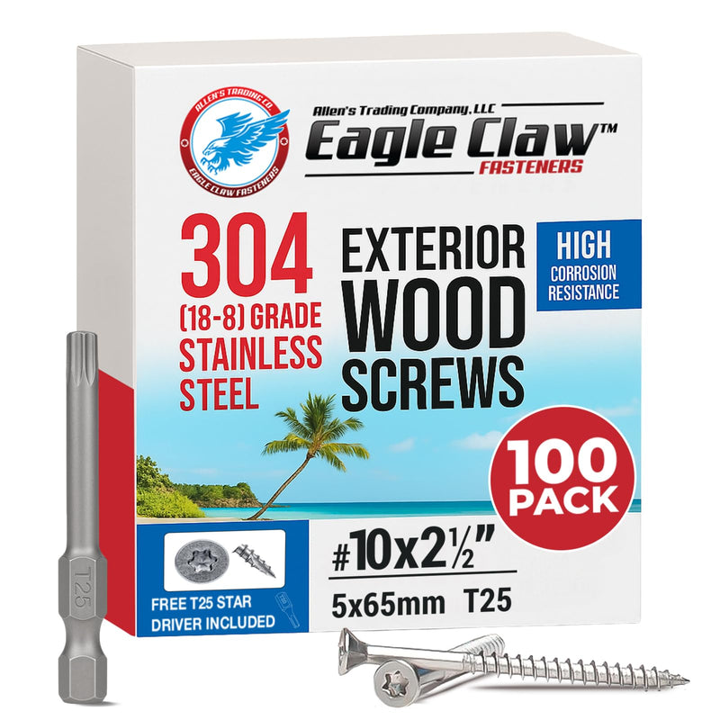 #10 x 2 1/2 Inch Stainless Steel Deck Screws | 304 Grade (100 Pack) | Flat Head T25 Star Torx Drive | Stainless Steel Screws by Eagle Claw Fasteners | Corrosion & Rust Resistant (Includes Driver Bit) 100 #10 x 2-1/2"