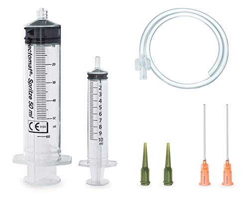 Syringe Set 60 and 10 ml with Needles, Dosing Tips and Hose | Softmatik syringes with Luer connections, two blunt 40 mm cannulas, two nozzles and 30 cm dosing hose