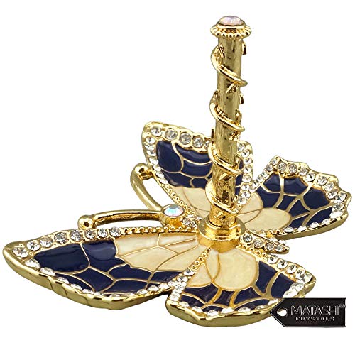 Matashi gold-plated butterfly jewelry organizer with blue enamel and crystals, a decorative jewelry tower for rings and necklaces.