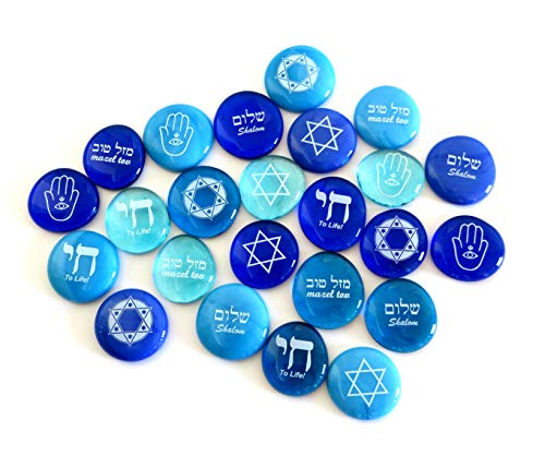 Lifeforce Glass Judaica Glass Stones: Chai, Star of David, Hamsa, Mazel Tov and Shalom on Shades of Blue, Set of 24