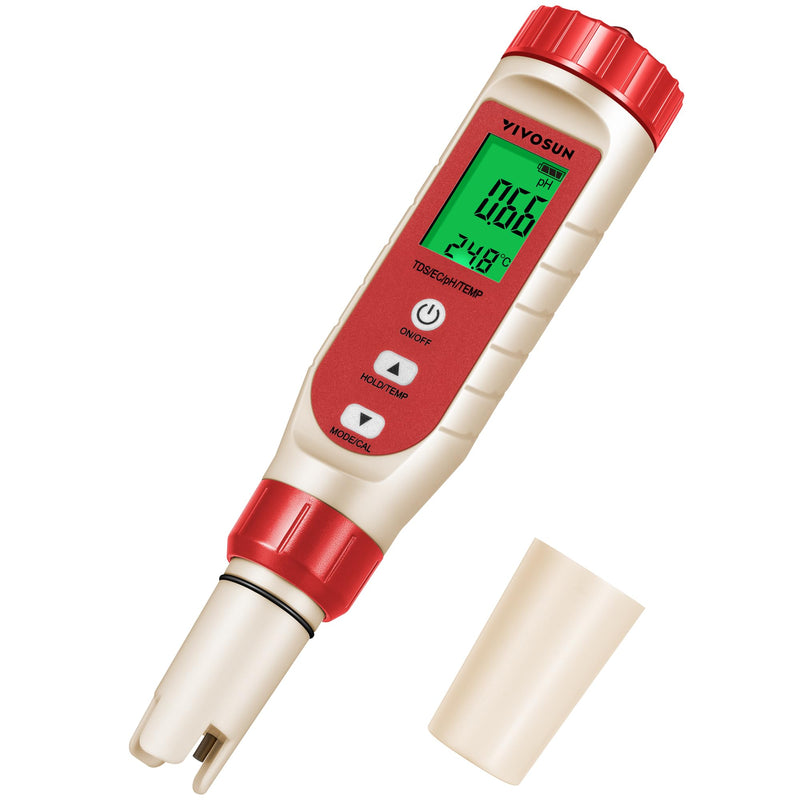 [Australia - AusPower] - VIVOSUN 4-in-1 Digital pH Meter with pH/TDS/EC/Temp Function, 0-14.0 pH Measurement Range, ±0.1 pH Accuracy Water Quality Tester for Hydroponics, Household Drinking, and Aquarium Red 