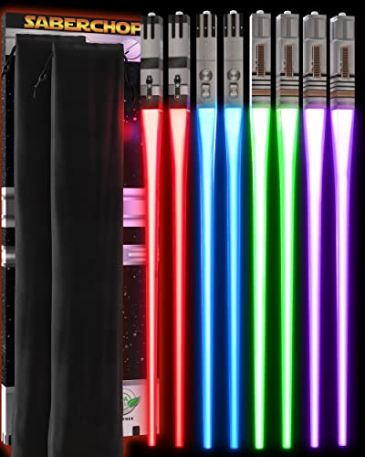 LIGHTSABER CHOPSTICKS LIGHT UP STAR WAR CHOPSTICK LED Glowing Light Saber Chop Sticks REUSABLE Sushi Sabers Cool Fun Geeky STARWAR Chop Stick Set Darth Red Green Blue Purple | 4 Pairs CASE GIFT BOX Regular Tips