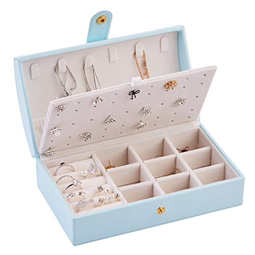 Fullgaden Jewelry Box,Necklace Ring Storage Organizer Double Layer Travel Synthetic Leather Jewel Cabinet Gift Case for Women, Blue