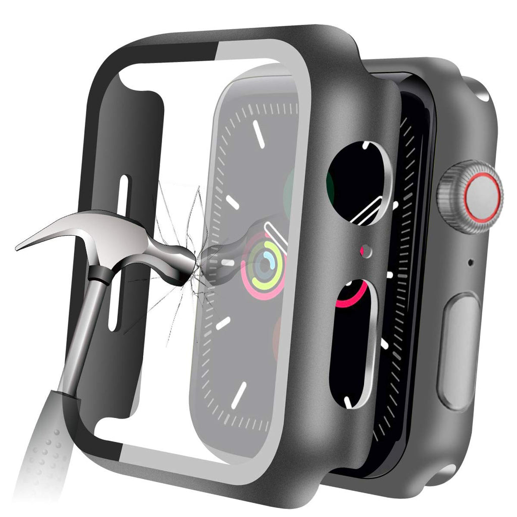 YMHML Compatible with Apple Watch 38mm Series 3/2/1 Case with Built-in Tempered Glass Screen Protector, Thin Guard Bumper Full Coverage Hard Cover for iWatch Accessories Black 38 mm