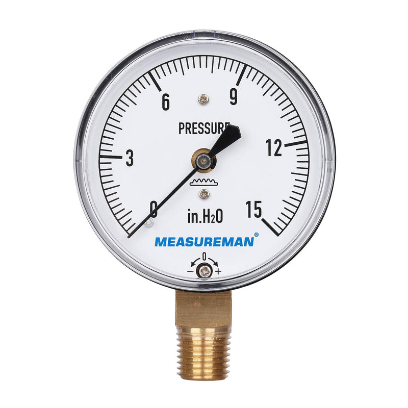 [Australia - AusPower] - MEASUREMAN Diaphragm Type Capsule Low Pressure Gauge, 2-1/2" Dial, 1/4"NPT Lower Mount, Adjustable, 0-15 in H2O(Inches of Water) 