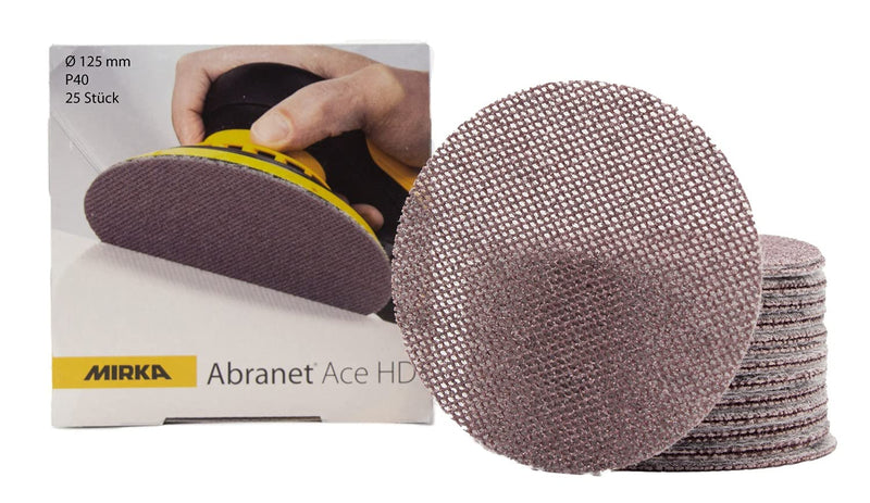 Mirka Abranet Ace HD Sanding Discs Diameter 125 mm Velcro Grain P40 | Mesh sanding discs with Velcro for eccentric sanders, ideal for hard surfaces, wood, spatula, varnish, metal Grain P40 Single