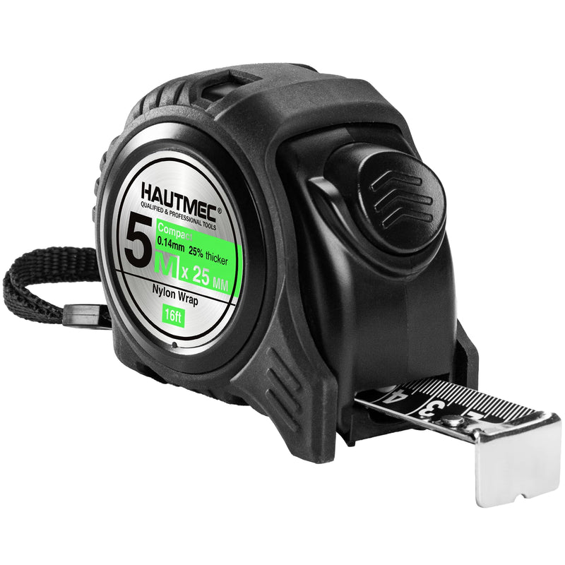 HAUTMEC 16 Ft (5m) Heavy Duty AutoLock Black Tape Measure, Self-Lock, 1" Wide Black Rigid Blade, Dual Sided Rule Print, HT0100-TM