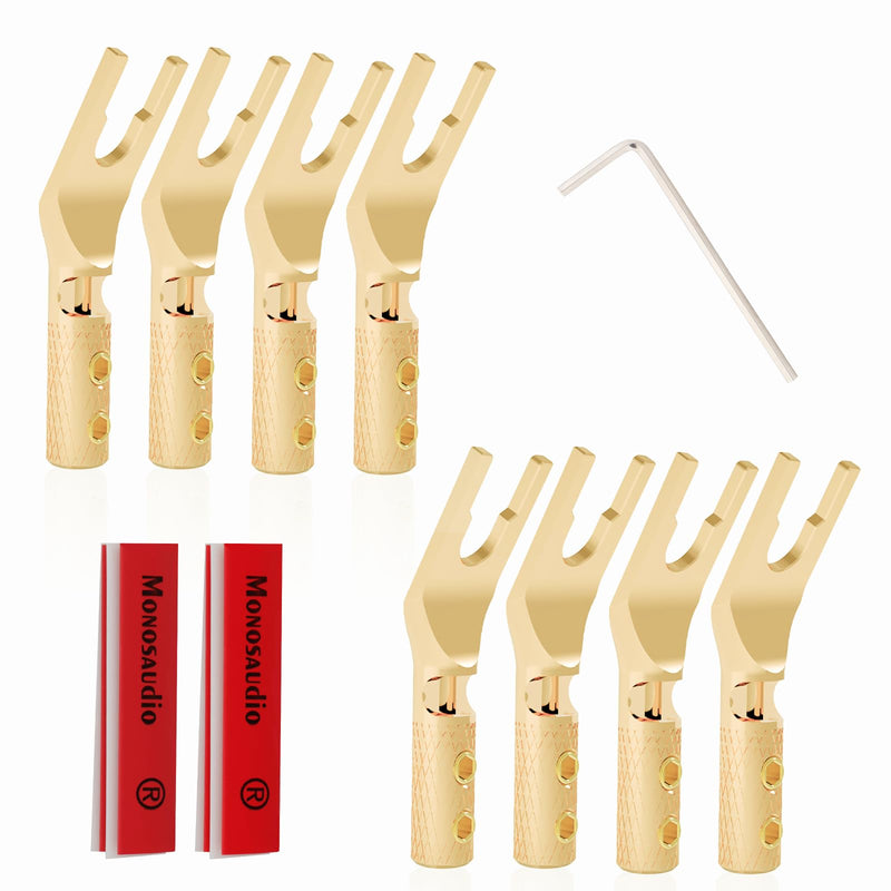 Monosaudio Spade Plug Connectors, Pure Copper 45 Degree Screw Locking Y Spade Plug Connector, 8pcs Speaker Wire Spade Terminal with Heat Shrink Tubes for 6-15Awg DIY Speaker Cable, Gold Plated