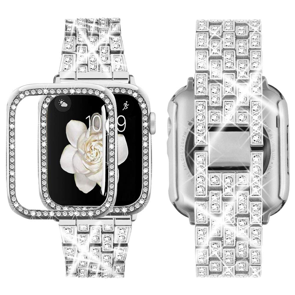 [Australia - AusPower] - Supoix Compatible with Apple Watch Band 38mm 40mm 41mm 42mm 44mm 45mm 49mm+ Case, Women Jewelry Bling Diamond Rhinestone Replacement Metal Strap& 2 Pack PC Protector Case for iWatch Ultra 2/ Ultra Series 9/8/7/6/5/4/3/2/1/SE Silver 38 mm 