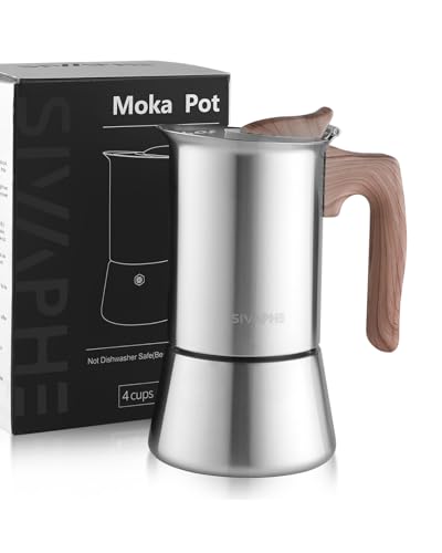 Sivaphe4 cups Stainless Steel Stovetop Espresso Coffee Maker | Induction Support 10 oz Intalian Moka Pot | Durable Cuban Coffee Maker 200ml(1 Cup=50ml) 4 CUP stainless
