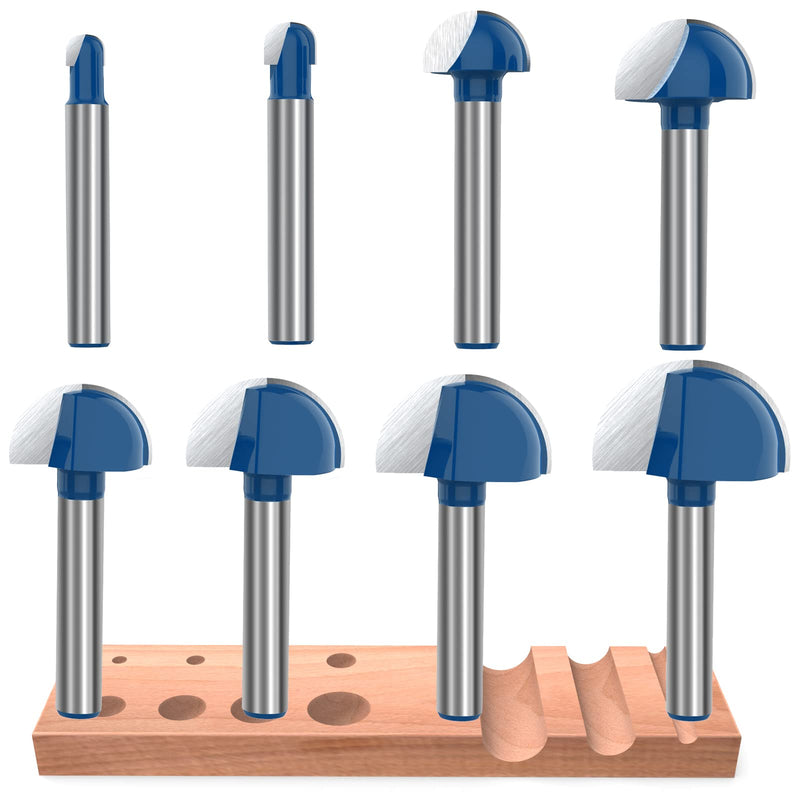 1/4 Inch Shank Cove Box Router Bit - 1/4" 5/16" 3/8" 1/2" 5/8" 3/4" 7/8" 1" Cutting Diameter Solid Carbide Double Flute Core Box Round Nose Woodworking Tool 8 Pcs Cove Box Bit 8PCS-Blue