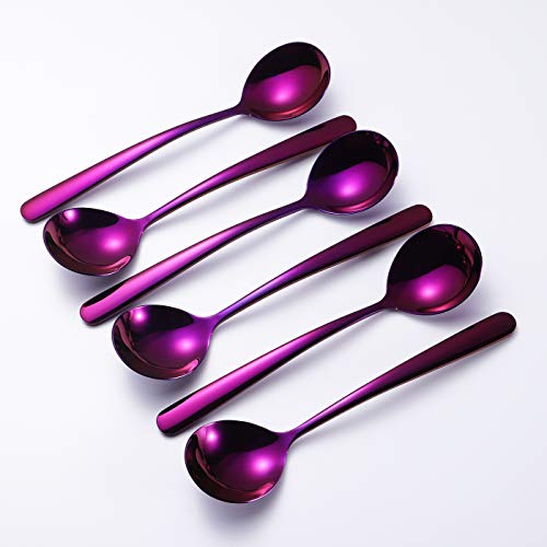 Soup Spoons 6-Pack 18/10 Stainless Steel Large and Heavy Duty Round Spoons Elegance Series 7 Inch Long 1.9 Ounces Weight by IRONX(purple soup spoons)
