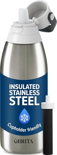 Brita Stainless Steel Premium Filtering Water Bottle, BPA-Free, Reusable, Insulated, Replaces 300 Plastic Water Bottles, Filter Lasts 2 Months or 40 Gallons, Includes 1 Filter, Stainless - 32 oz 32 Ounces