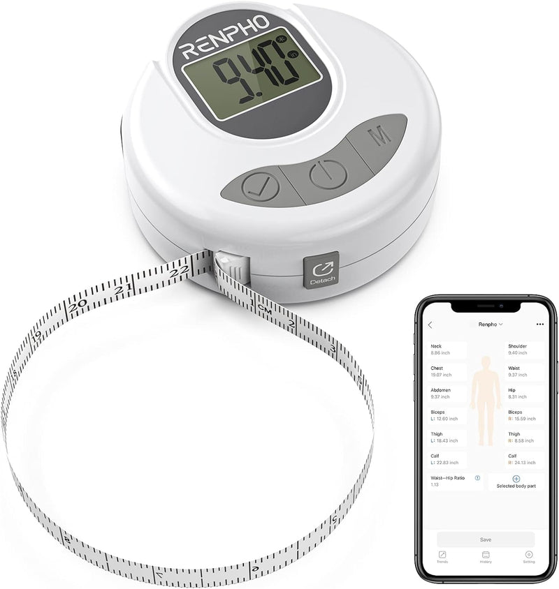 [Australia - AusPower] - Smart Tape Measure Body with App - RENPHO Bluetooth Measuring Tapes for Body Measuring, Weight Loss, Muscle Gain, Fitness Bodybuilding, Retractable, Measures Body Part Circumferences, Inches & cm 