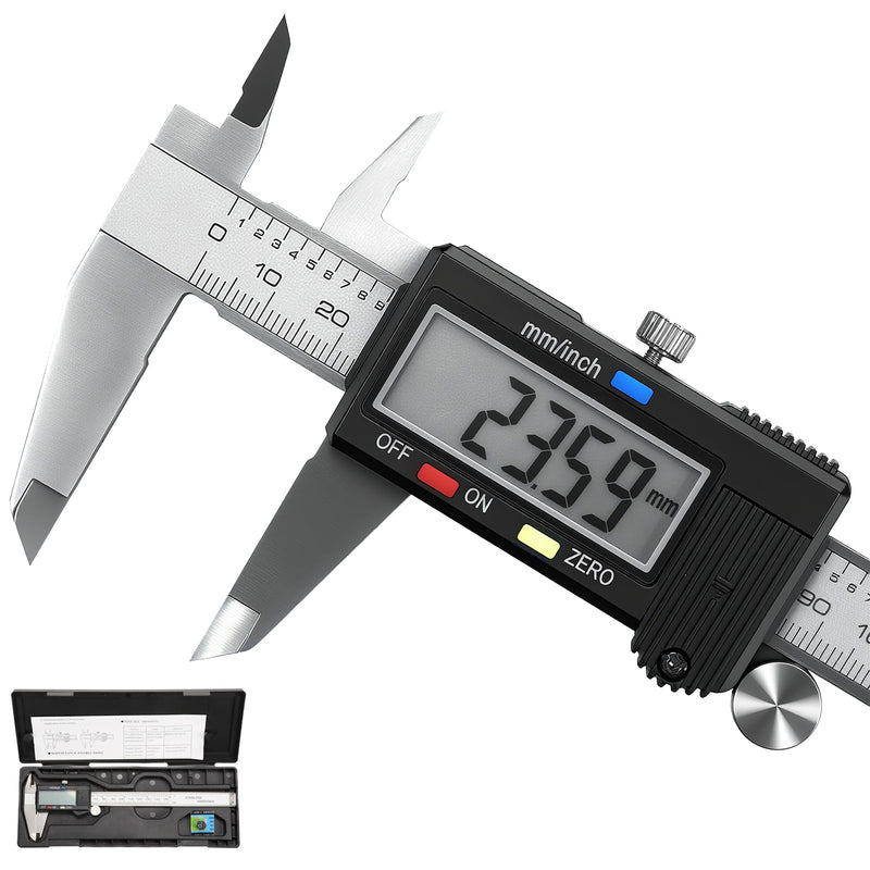 [Australia - AusPower] - Caliper Measuring Tool, Qfun Vernier Digital Caliper Stainless Steel 6 Inch/150mm, Digital Micrometer Waterproof, Easy Switch from Inch to Millimeter, Large LCD Screen IP54-Black 