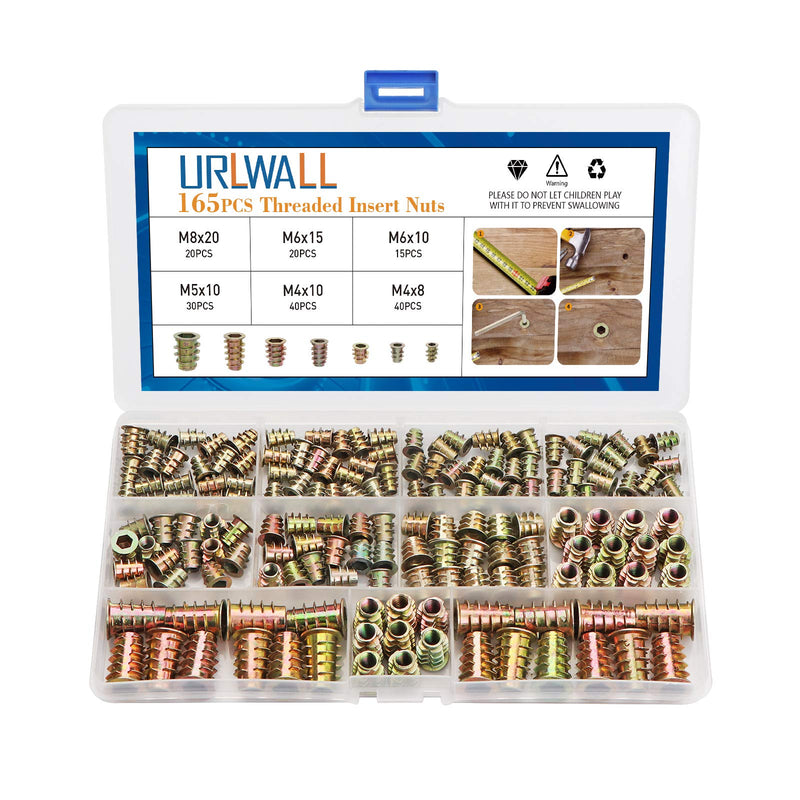[Australia - AusPower] - 165PCS Threaded Inserts Nuts, Wood Insert Assortment Tool Kit, M4/M5/M6/M8 Furniture Screw in Nut Wood Inserts Metric Bolt Fastener Hex Socket Drive for Wood Furniture Assortment 