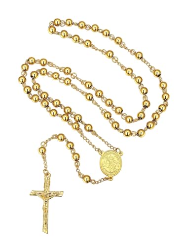FaithHeart Rosary Beads Catholic Necklace for Men, St Michael/St Christopher/Virgin Mary Prayer Rosaries with Crucifix Cross Stainless Steel Praying Rosary Necklace Saint Michael-Gold Steel Bead