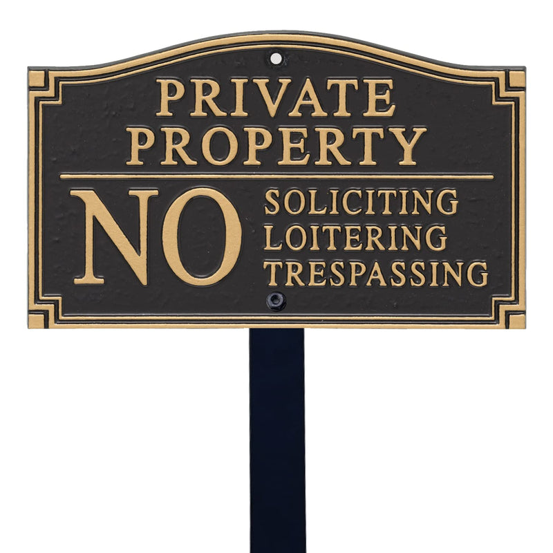 SmartSign Private Property Sign for Yard, No Soliciting Loitering Trespassing Garden Plaque | 5.75" x 9.5" Aluminum Plaque with 18" Black Lawn Stake, Made in USA Private Property - No Soliciting