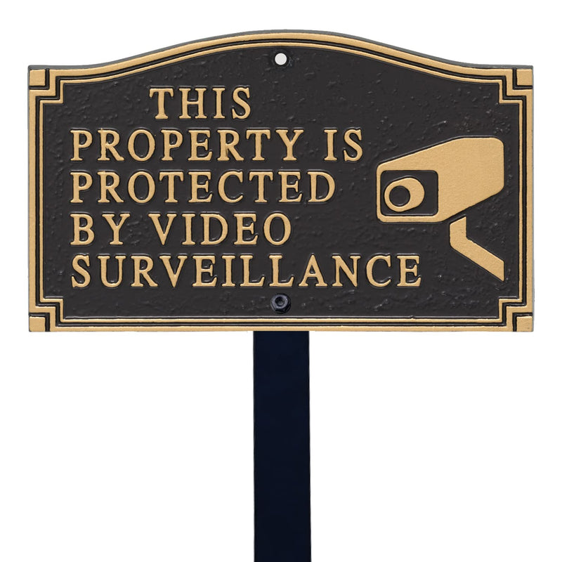 SmartSign 5.75 x 9.5 inch “This Property Is Protected By Video Surveillance” GardenBoss Statement Plaque with 18 inch Lawn Stake, 375 mil Rustproof Aluminum, Black and Gold, Set of 1, Made in USA Traditional