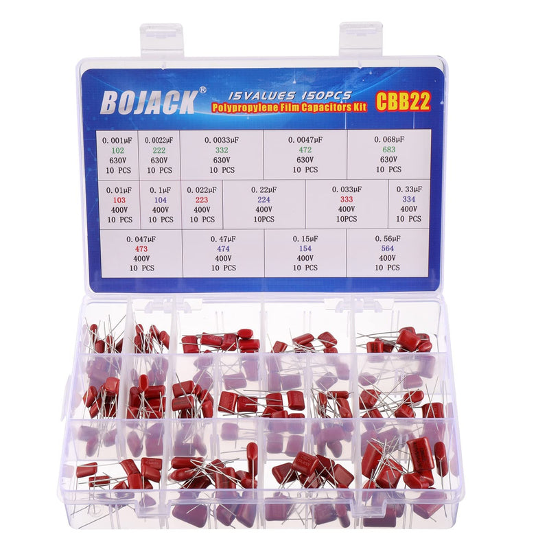 [Australia - AusPower] - BOJACK 15 Values 150 Pcs Metallized Polypropylene Film DC Capacitor 400V/0.01uF ~ 0.56uF 630V/ 0.001uF ~ 0.068uF Assortment Kit 