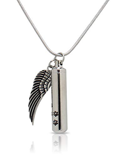 Royal Matter Cylinder with Paw Prints and Angel Wing Stainless Steel Cremation Urn Pendant with Chain-Silver