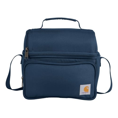 Carhartt insulated lunch cooler with two compartments, navy, durable fully-insulated design for 12 cans, ideal for carrying meals.