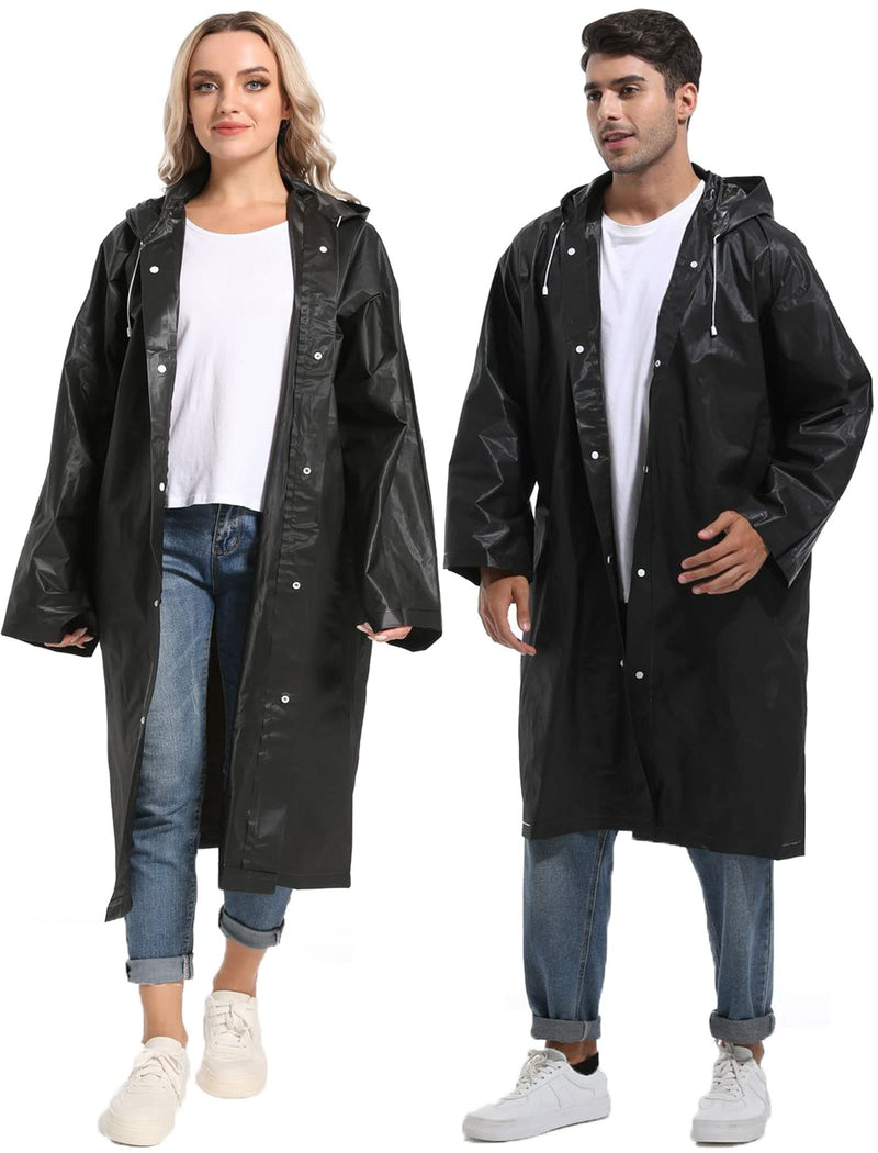 [Australia - AusPower] - Rain Ponchos for Adults Reusable - Borogo 2Pcs Raincoats Emergency Survival with Hoods and Sleeves for Women Men Black 