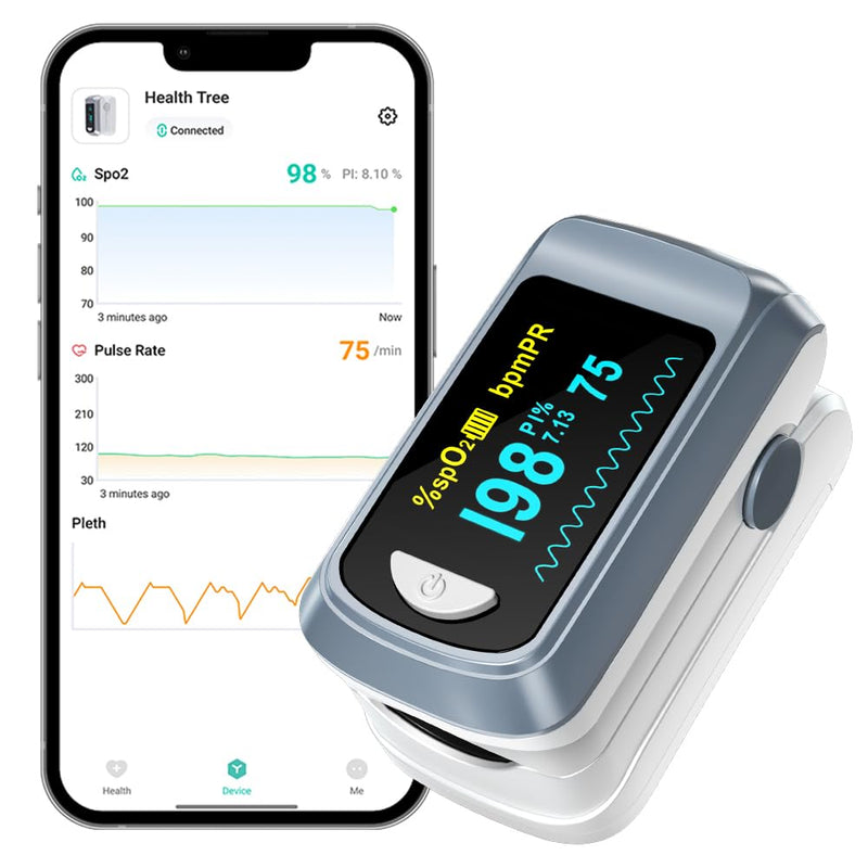 [Australia - AusPower] - Pulse Oximeter HealthTree Oxygen Monitor Fingertip, Bluetooth Pulse Ox with Free APP, O2 Pulse Oximeter Finger and Heart Rate Monitor, 2 X AAA Batteries, Lanyard Gray 