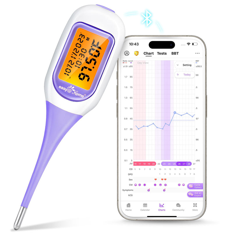 [Australia - AusPower] - Easy@Home Smart Basal Thermometer, Large Screen and Backlit, Period Tracker with Premom (iOS & Android) - Auto BBT Sync, Charting, Coverline, Accurate Fertility Prediction EBT-300 Purple 
