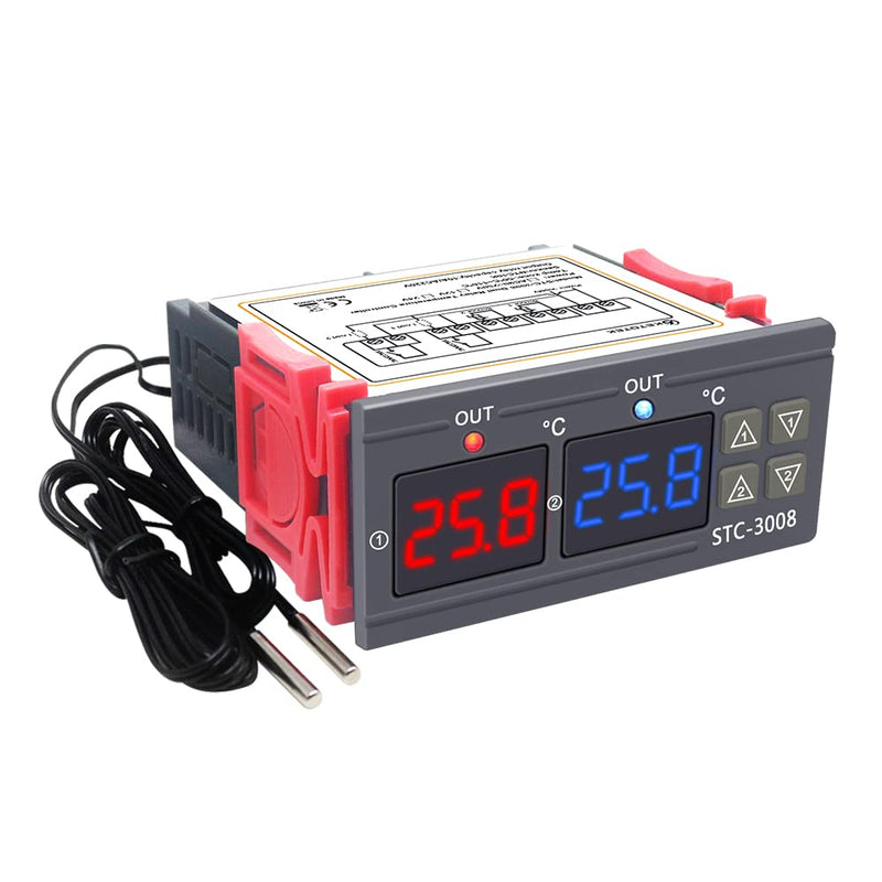 KETOTEK Digital Temperature Controller 230 V with 2 Sensors, STC 3008 Thermostat | 2-in-1 Temperature Switch Heating & Cooling for Greenhouse Incubator & Reptiles, 220V Relay Temperature Controlled Regulator AC 220V Relay output