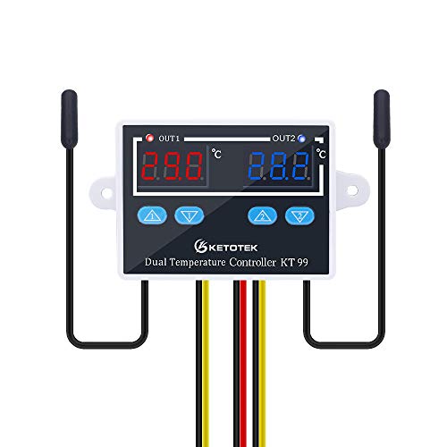 KETOTEK Digital Temperature Controller Thermostat 230V with 2 Waterproof Probes | Temperature Monitor with 2 Temperature Probes, 220V Temperature Switch for Aquarium, Incubator, Greenhouse, Heating/Cooling Mode AC 230V