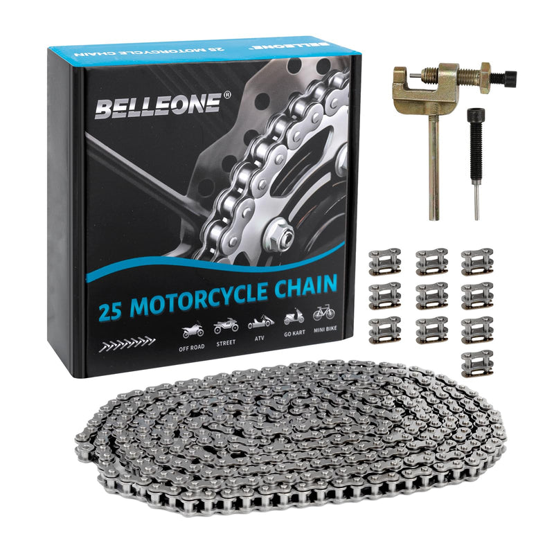 [Australia - AusPower] - Belleone #25 Roller Chain - 10 Feet #25 Chain with 10 Connecting Links & Chain Breaker for Go Karts, Mini Bikes, Scooters, Dirt Bikes, Razor Motorcycles, Pocket Bike and Bycicles - 480 Links 480Link 