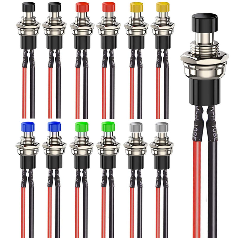 [Australia - AusPower] - 12pcs 7mm 3V-6V-12V-24V-230V/1A Prewired Mini Momentary Push Button,SPST Nomal Open ON/OFF 2 Pin Round Button for Model Railway Hobby Mix color with wire 