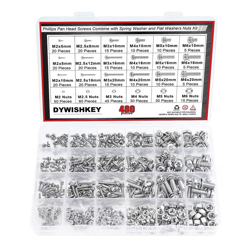 [Australia - AusPower] - DYWISHKEY 480 PCS M2 M2.5 M3 M4 M5 M6, 304 Stainless Steel Phillips Pan Head Screws Combine with Spring Washer and Flat Washers Nuts Assortment Kit 