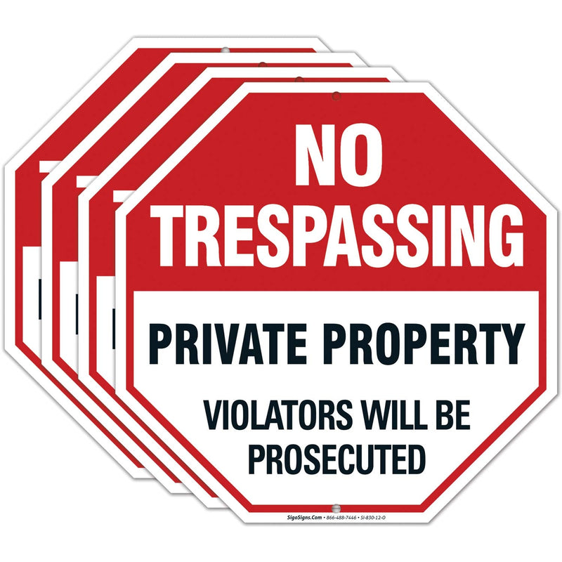 4 Pack No Trespassing, Private Property Sign, 12x12 Heavy 0.40 Aluminum, UV Protected, Long Lasting Weather/Fade Resistant, Easy Mounting, Indoor/Outdoor Use, Made in USA 12x12 4 PK