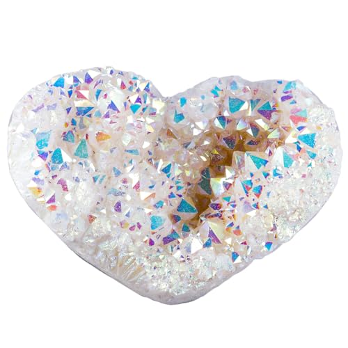 Rockcloud Titanium Coated Crystal Quartz Heart Shape Cluster Druzy Geode White