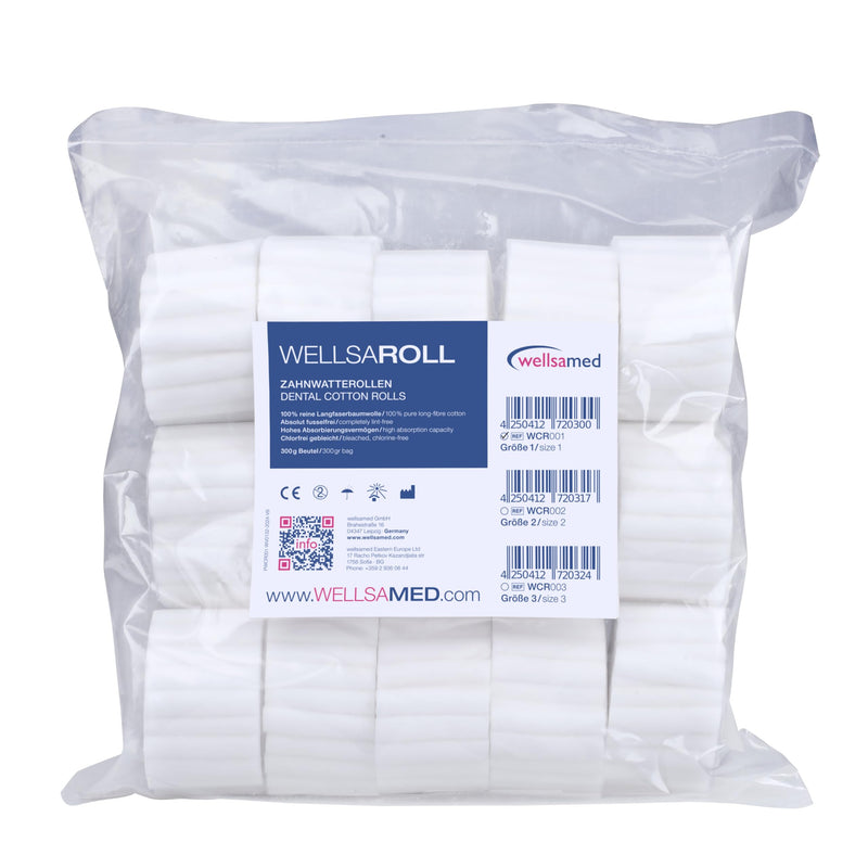 wellsamed wellsaroll Toothed Cotton Rolls Size 1 (8 mm), 300 g Dental Cotton Rolls, 100% Cotton Cotton Rolls Bright White