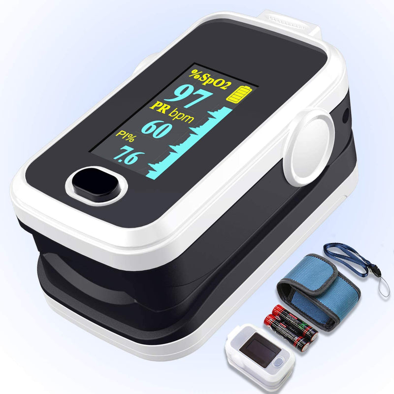 [Australia - AusPower] - Pulse oximeter fingertip with Plethysmograph and Perfusion Index, Portable Blood Oxygen Saturation Monitor for Heart Rate and SpO2 Level, O2 Monitor Finger for Oxygen,Pulse Ox,Oximetro, (Black-White) 