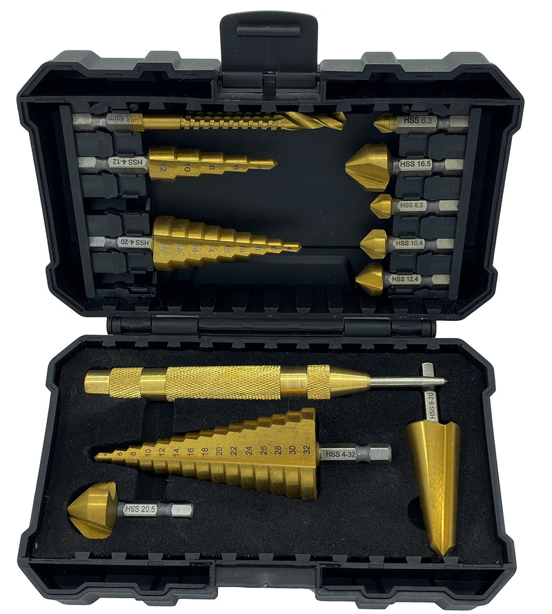 NordWolf 12-Piece HSS Titanium Metric Step, Countersink, Cone Drills with 1/4" Hex Shank, Multi Drill Saw & Automatic Center Punch Set in Storage Case 12 pcs