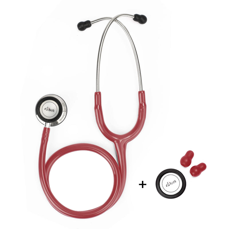 [Australia - AusPower] - eSteth- eSteth Classic Stethoscope - Stainless Steel Chest Piece with Unique Design, Flexible Stethoscope Tubing - Extra Ear Tips & Non-Chill Ring - 32" Long, Cherry Red 