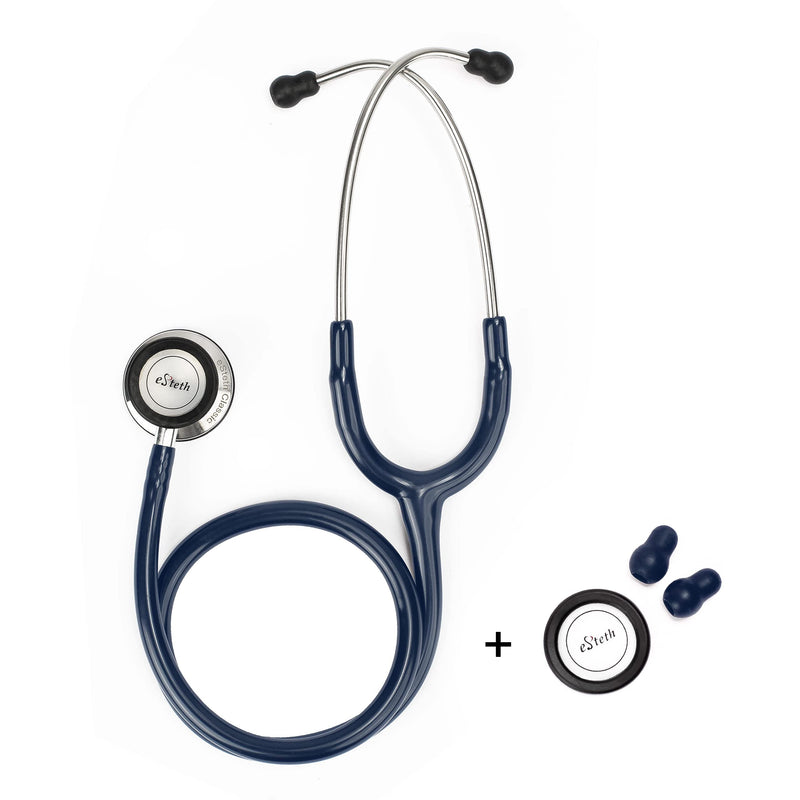 [Australia - AusPower] - eSteth Classic Stethoscope - Sensitive Chest Piece for Monitoring Amplified Heart & Lung Sounds - Lightweight, Flexible Stethoscope Tubing - Extra Ear Tips & Non-Chill Ring - 32" Long, Navy Blue 