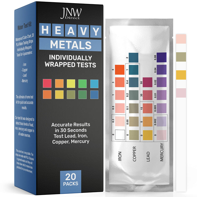 [Australia - AusPower] - Heavy Metals Water Test Kit - Drinking Water Test Strips with eBook - Quick and Accurate Testing Kits for Drinking Water - Test Iron, Copper, Mercury, and Lead - 20 Test Strips by JNW Direct 
