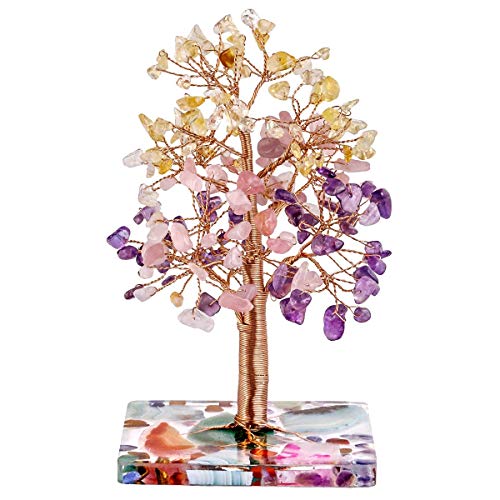 Rockcloud Colorful Money Tree Natural Healing Crystal Decoarations 4.7-6" Citrine + Rose Quartz+ Amethyst Crystal Stone