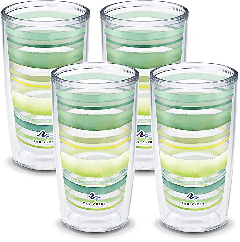 Tervis Yao Cheng Green Crystal Made in USA Double Walled Insulated Tumbler Travel Cup Keeps Drinks Cold & Hot, 16oz 4pk, Green Blue Stripe