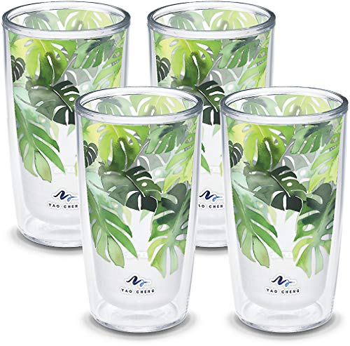 Tervis Yao Cheng Green Crystal Made in USA Double Walled Insulated Tumbler Travel Cup Keeps Drinks Cold & Hot, 16oz 4pk, Philodendron