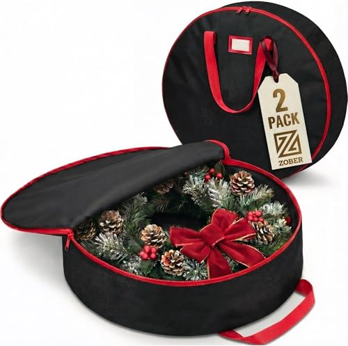 ZOBER 2 Pack Oxford Christmas Wreath Storage Container 36 Inch - Wreath Bag for Artificial Wreaths Box - Waterproof Fabric, Dual Zippered Wreaths Storage Bag With Strong Durable Handles - Black