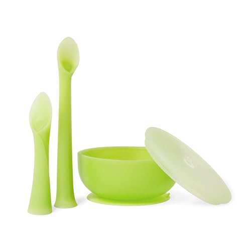 Olababy 3 Piece Parent Led and Baby Led Weaning First Feeding Set, Includes Training Spoon, Feeding Spoon and Suction Bowl with Lid Baby First Feeding Set Kiwi / Lime