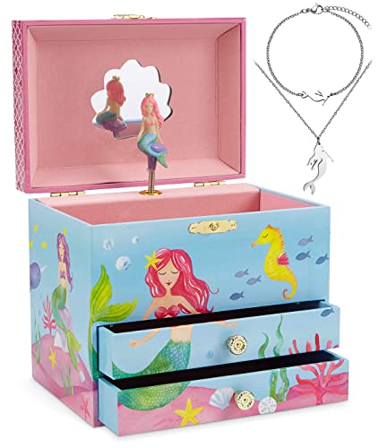 Jewelkeeper Mermaid Design Musical Jewelry Box with 2 Pullout Drawers - Contains Little Girls Jewelry Set of 3 - Birthday Present - Music Storage for Little Princess Mermaid with Accessory