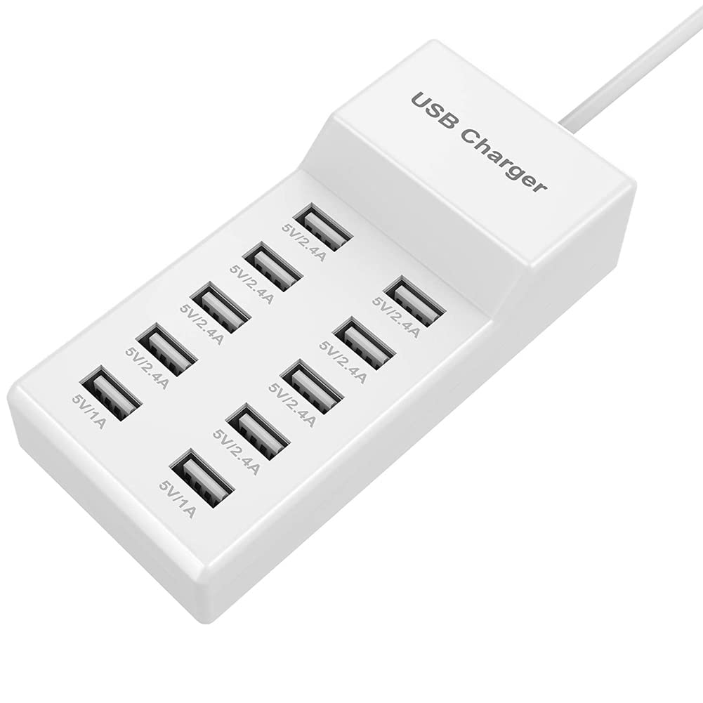 [Australia - AusPower] - 10-Port USB Wall Charger Station with Rapid Charging Auto Detect Technology Safety Guaranteed Family-Sized USB Ports for Multiple Devices Smart Phone Tablet Laptop Computer White 