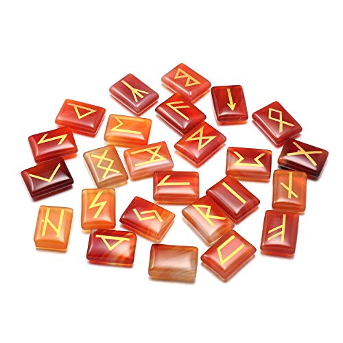 Rune Stone Set Engraved Elder Futhark Alphabet Chakra Reiki Healing Natural Red Agate Runes Stones Crystal Divination 1 Flax Cloth Bag
